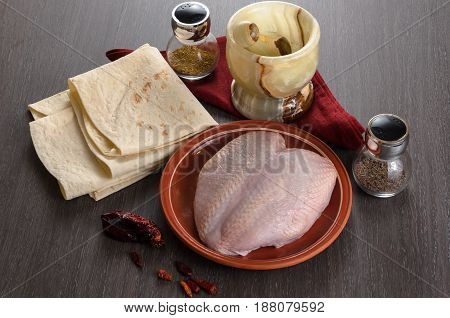 Shaurma ingredients composition on a wooden background