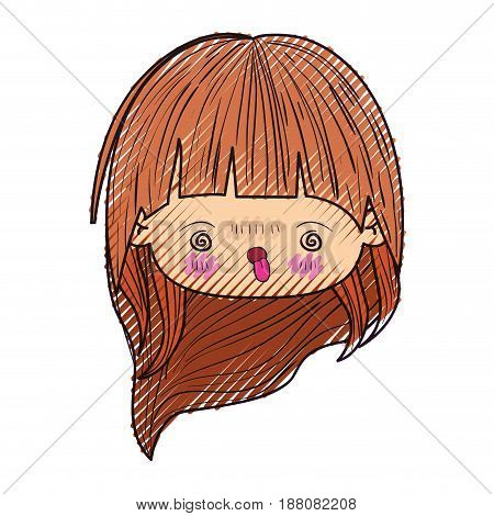 colored crayon silhouette of kawaii head cute little girl with long hair and furious facial expression vector illustration