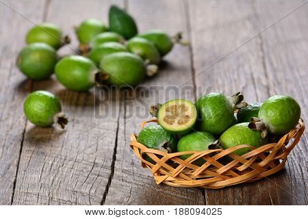 Green exotic fruit feijoa, a healthy and juicy product