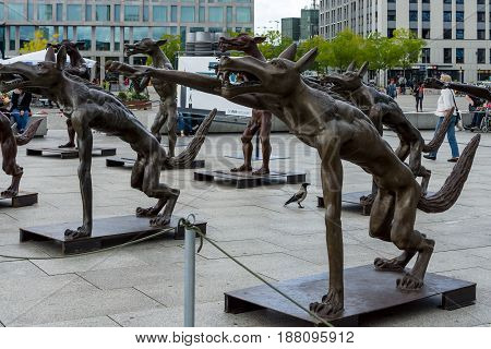 BERLIN - AUGUST 09 2016: Installation in front of the main railway station (Hauptbahnhof) on Washingtonplatz (Washington square) - The wolfes are back?