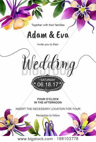 Wedding invitation DiY template orhid handmade watercolor illustration. Aquarelle romantic wedding templates for save the date, invitation, rsvp, direction, place cards, accommodation or reception.