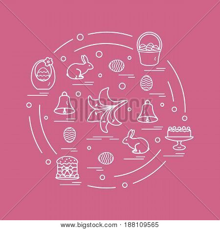 Cute Vector Illustration With Different Symbols For Easter Arranged In A Circle. Including Icons Of