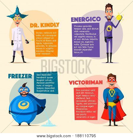 Set of superhero. Cartoon vector illustration. Good people. Hero characters. Persons in cloak. Justice and help. For banners and posters.