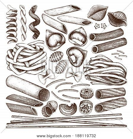 Vector collection of traditional Italian pasta. Hand drawn food sketch set. Vintage illustration for cafe or restaurant design.