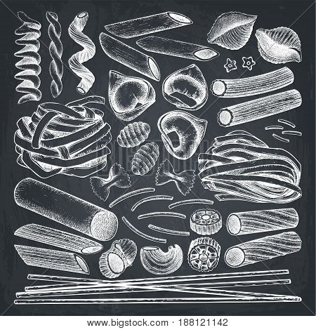 Vector collection of traditional Italian pasta. Hand drawn food sketch set. Vintage illustration for cafe or restaurant design on chalkboard