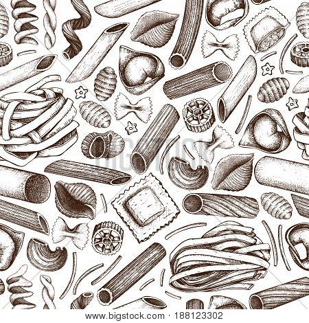 Vector background with traditional Italian pasta sketch. Vintage seamless pattern with hand drawn food illustrations. Cafe or restaurant menu design