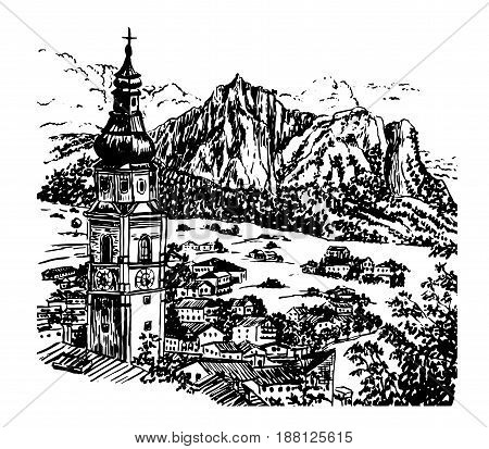 drawing Alpine village in Tyrol with a beautiful bell tower, Austria, sketch hand drawn vector illustration