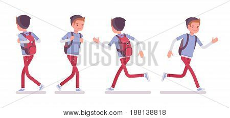 Teenager boy wearing cute beanie and urban messenger rucksack, casual slim fit dressing, walking and running pose, front, rear view, vector flat style cartoon illustration, isolated, white background