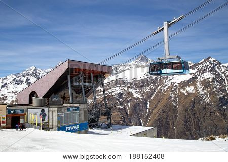 Zermatt, Switzerland - April 12, 2017: The Blauhorn-Rothorn cable car approaching the Blauhorn station