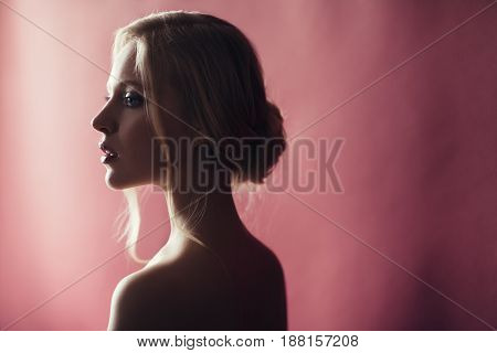 Beauty Portrait Of Nordic Natural Blonde Woman On Pink Background With Copy Space