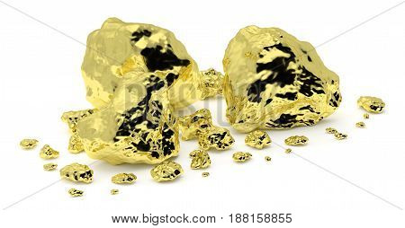 Small and big golden nuggets closeup isolated on white background. Gold ore in its origin as pieces of gold. 3D illustration