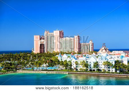 NASSAU BAHAMAS - March 9. 2016: The Atlantis Paradise Island resort located in the Bahamas . The resort cost $800 million to bring to life the myth and legend of the lost city of Atlantis.