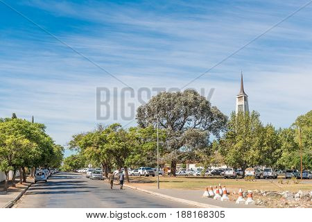 ROBERTSON SOUTH AFRICA - MARCH 26 2017: A Sunday morning street scene at the Dutch Reformed Church Robertson East on the scenic Route 62 in the Western Cape Province
