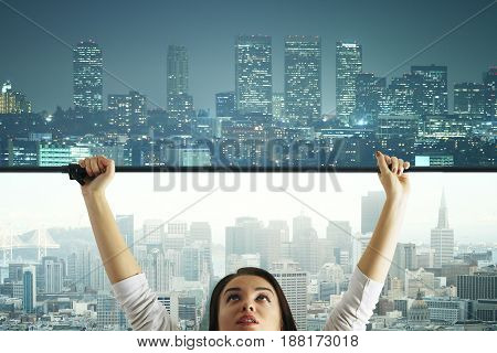 Abstract image of young woman changing daytime city to nighttime