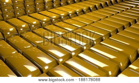 3D render image of gold bars stacked.