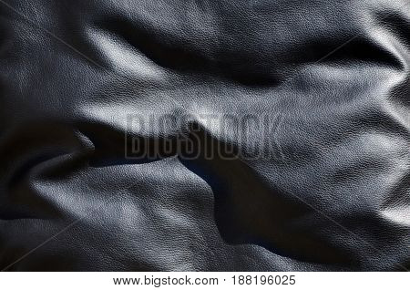 Texture Of Black Leather Or Dermantin With Folds, Used As Material For Women's And Men's Bags, Suitc