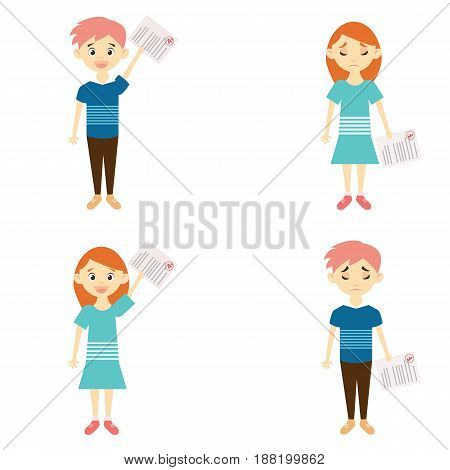 Boy and girl with bad and good marks showing sad and happy expression.