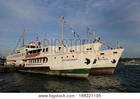 ISTANBUL TURKEY - MAY 19 2017: Sehir Hatlari ferries in Karakoy Port. Sehir Hatlari was established in 1844 and now carry 150000 passengers a day.