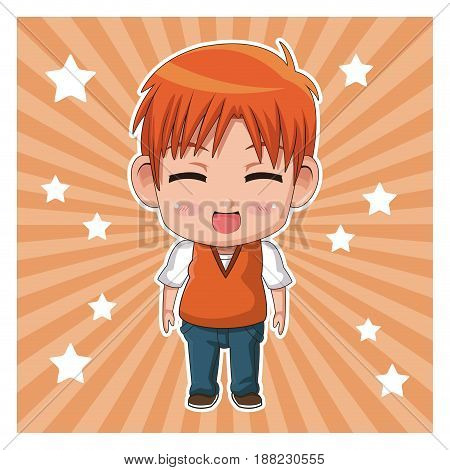 striped color background with stars and cute anime tennager facial expression laugther with eyes closed vector illustration