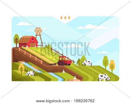 Agricultural farm with fields and livestock. Harvesting and cultivating land. Vector illustration