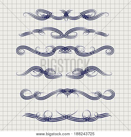 Ballpoint pen drawing decorative filigree swirled ornaments. Vector illustration