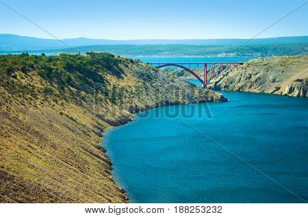 Close Up Of Red Steel Maslenica Bridge