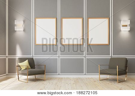 Three framed vertical posters are hanging on a gray wall in an empty room with wooden floor and modern wall lamps and armchairs. 3d rendering mock up