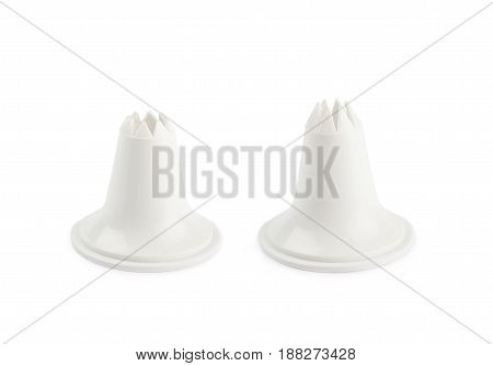Decorational cream piping bag's plastic tip isolated over the white background, set of two different foreshortenings