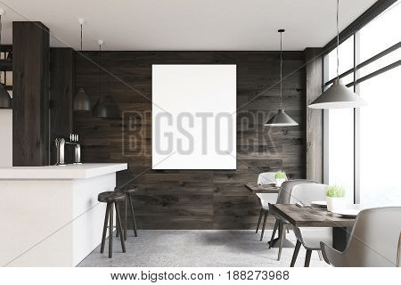 Dark wooden cafe interior with square tables white chairs stools standing near a white bar and a framed vertical poster on a wall. 3d rendering mock up