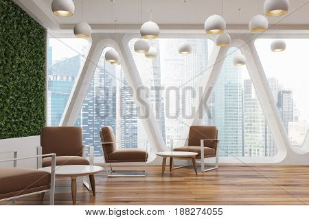 Office cafe interior with a large grass wall panoramic windows with triangular frames white round tables and soft brown chairs near them. 3d rendering