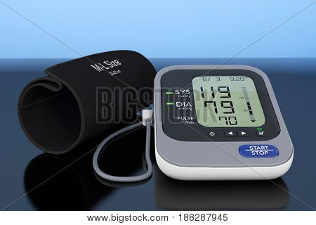 Digital Blood Pressure Monitor with Cuff on a blue background. 3d Rendering.