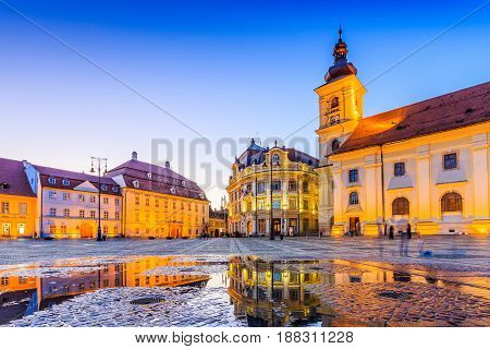 Sibiu Romania. City Hall and Brukenthal palace in Transylvania.