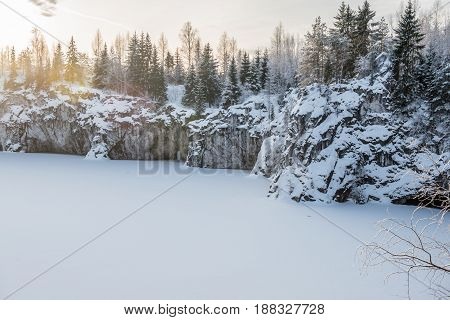 Marble kanyon in Ruskeala Karelia in winter Russia