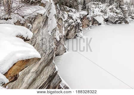 Marble kanyon in Ruskeala Karelia in winter Russia