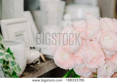 Magnificent tenderless bouquet of fresh, bright pink ranunculus