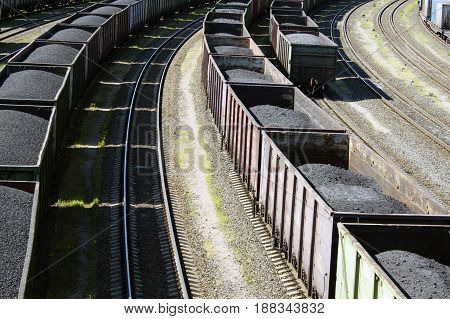 rail cars loaded with coal a train transports coal.