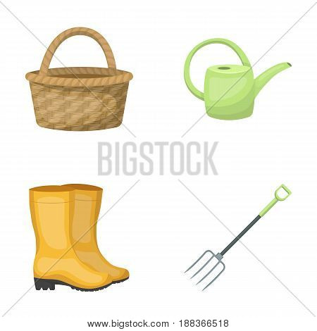 Basket wicker, watering can for irrigation, rubber boots, forks. Farm and gardening set collection icons in cartoon style vector symbol stock illustration .