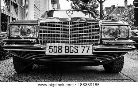 BERLIN GERMANY - MAY 17 2014: Full-size luxury car Mercedes-Benz 450SEL (W116). Black and white. 27th Oldtimer Day Berlin - Brandenburg