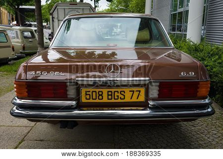 BERLIN GERMANY - MAY 17 2014: Full-size luxury car Mercedes-Benz 450SEL (W116). Rear view. 27th Oldtimer Day Berlin - Brandenburg