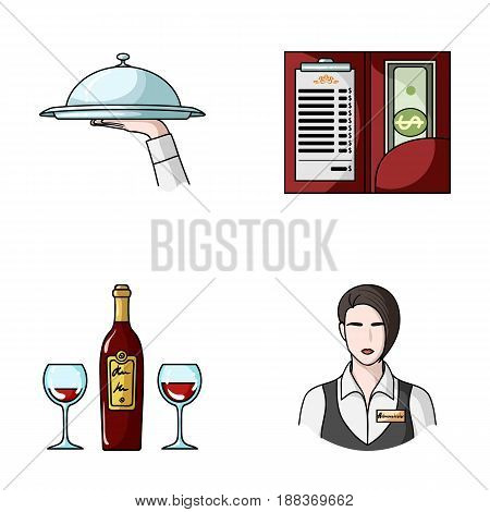 A tray with a cloth, check and cash, a bottle of wine and glasses, a waitress with a badge. Restaurant set collection icons in cartoon style vector symbol stock illustration .
