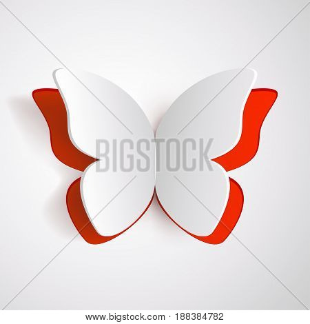 illustration of white and red color paper butter fly with shadow on bright background