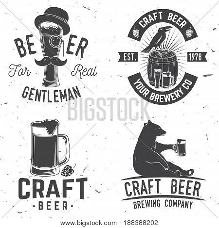 Set of Craft Beer badges with hops and bear. Vector illustration. Vintage design for bar, pub and restaurant business. Coaster for beer.