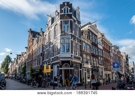 Amsterdam Netherlands - August 09 2016. Street in Oude Pijp a neighborhood in Amsterdam a cloudy day of summer