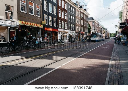 Amsterdam Netherlands - August 09 2016. Street in Oude Pijp a neighborhood in Amsterdam a cloudy day of summer