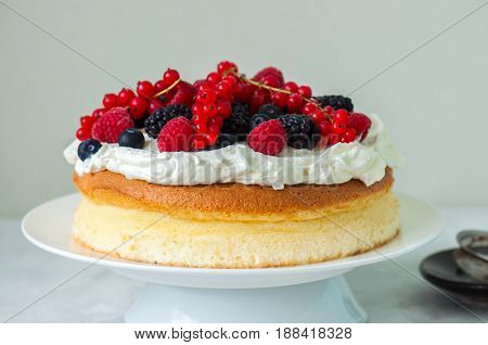 Close Up Of Fluffy Japaniese Cheesecake With Wipped Cream Cheese Frosting And Garnished With Forest