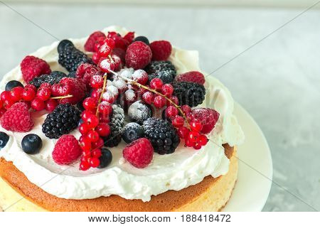 Close Up Of Fluffy Japaniese Cheesecake With Wipped Cream Cheese Frosting And Garnished With Forest