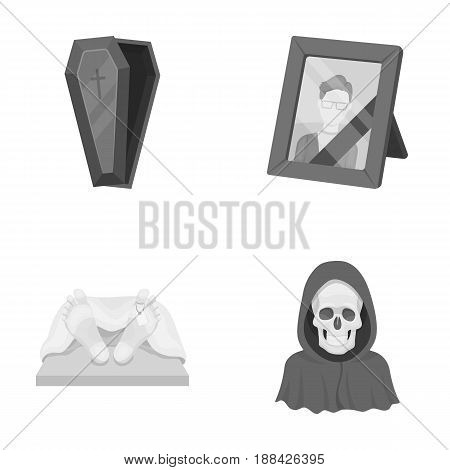 Coffin with a lid and a cross, a photograph of the deceased with a mourning ribbon, a corpse on the table with a tag in the morgue, death in a hood. Funeral ceremony set collection icons in monochrome style vector symbol stock illustration .