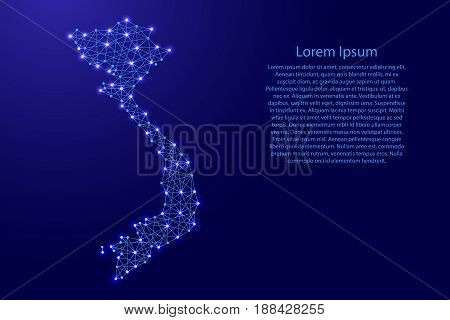 Map of Vietnam from polygonal blue lines and glowing stars vector illustration