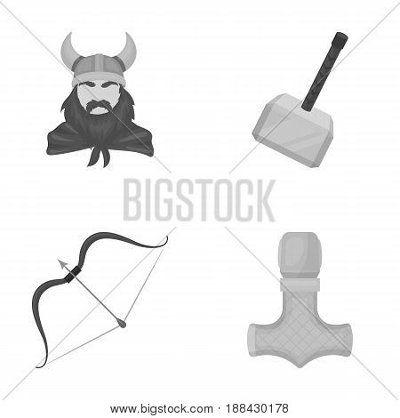 Viking in helmet with horns, mace, bow with arrow, treasure. Vikings set collection icons in monochrome style vector symbol stock illustration .
