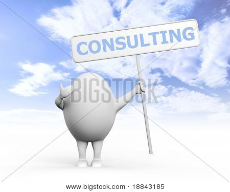 Ilustração 3D de um personagem de desenhos animados egghead segurando um cartaz com consultoria, escrita por ele em bl
